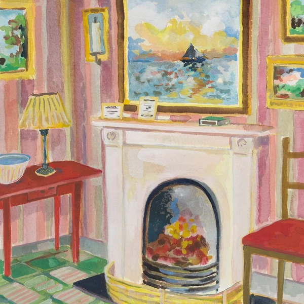 Striped Interior with Sunset at Sea by Lottie Cole RWS, watercolour & gouache