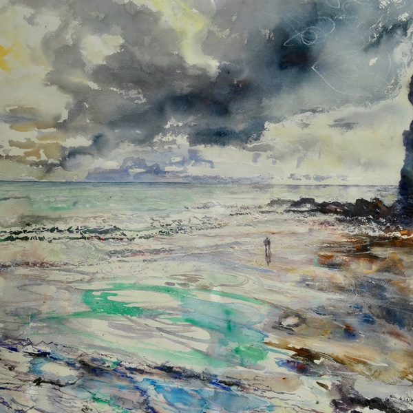 Lone Couple Look out to Sea, Crackington Haven, Cornwall by Sophie Knight RWS